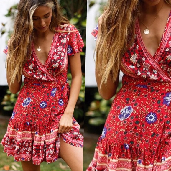 Red Mini Blue Floral Ruffle Wrap Dress - Picture 8 of 14